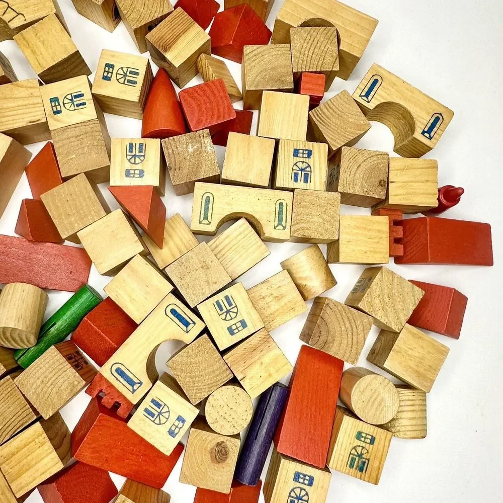 Vintage Building Blocks For Kids Town‎ Set 90 Pcs. Rounds, Rectangles, Triangles